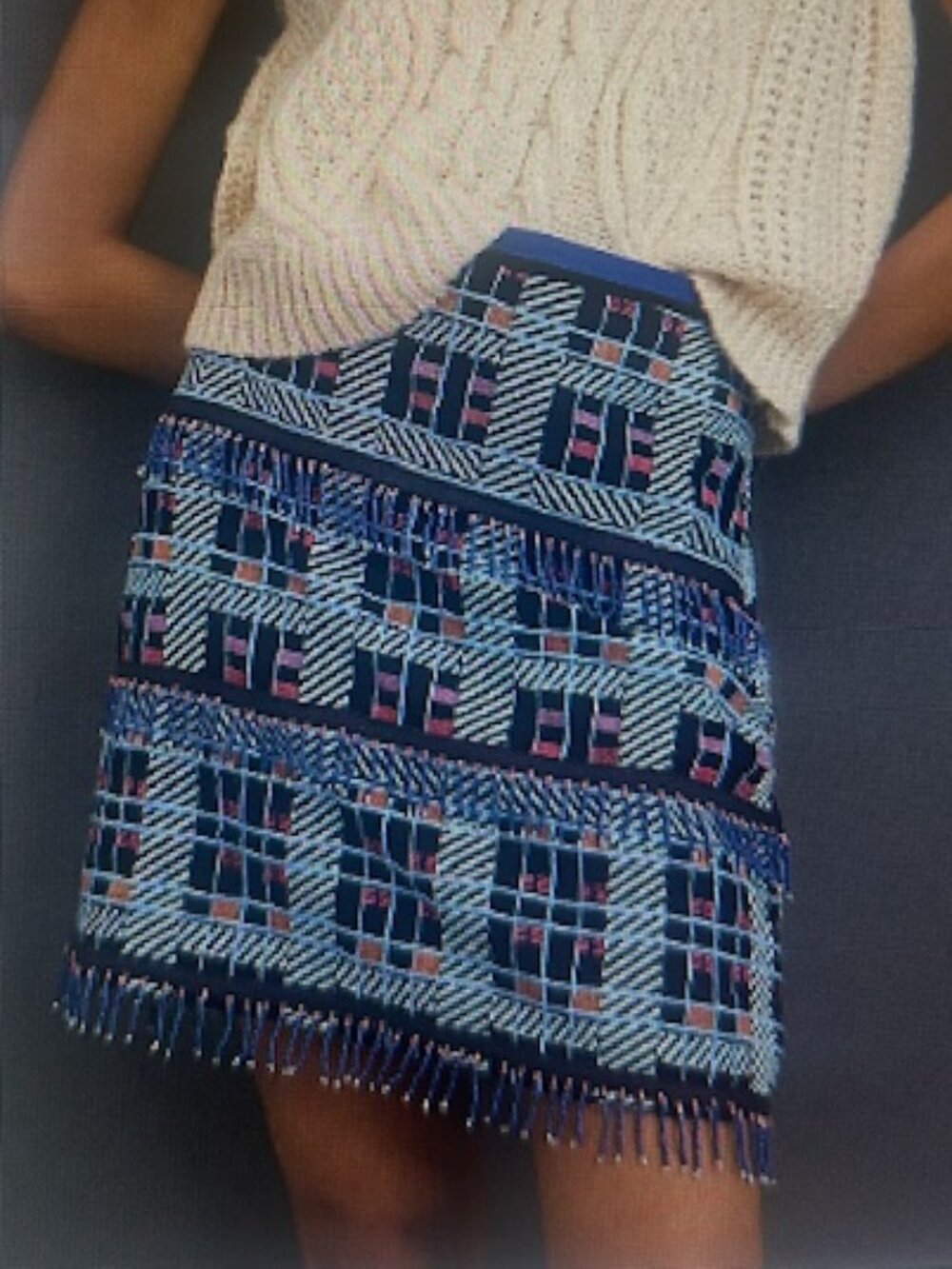 Anthropologie x Maeve Fringe-Trimmed Beaded Checkered Geometric Lined Mini Skirt - Picture 1 of 16